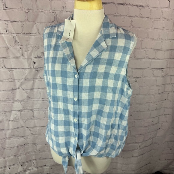 Beachlunchlounge linen/cotton check plaid Button Down Shirt Tie Front sz large - Picture 1 of 8